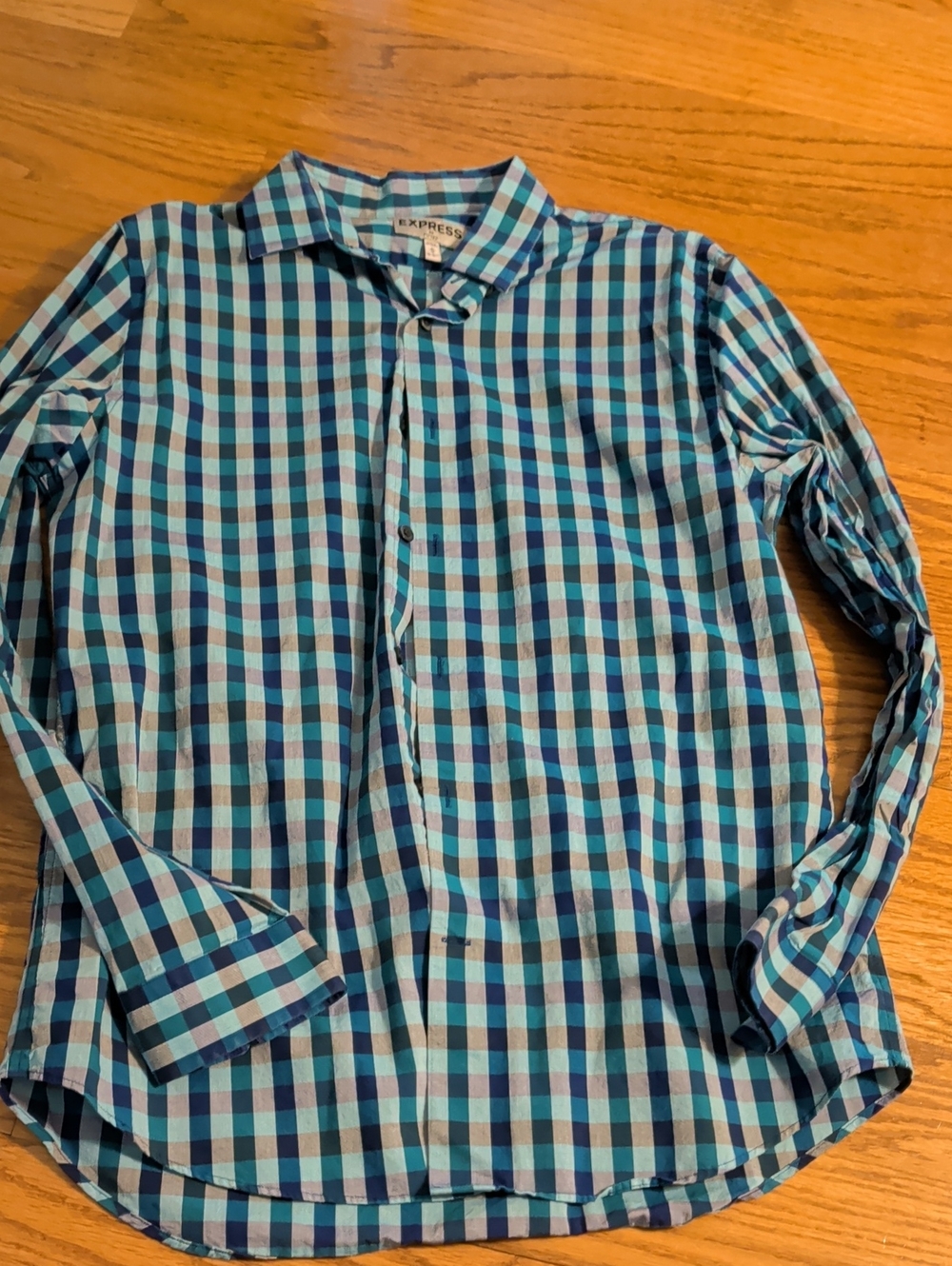 Express Men’s Teal and Navy Plaid Button-Down Shirt